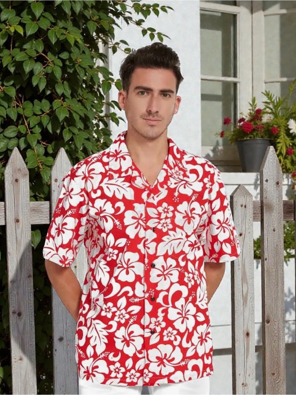 Hawaii Hangover Button Down Shirt.
Red/White Hibiscus. Size: XXL